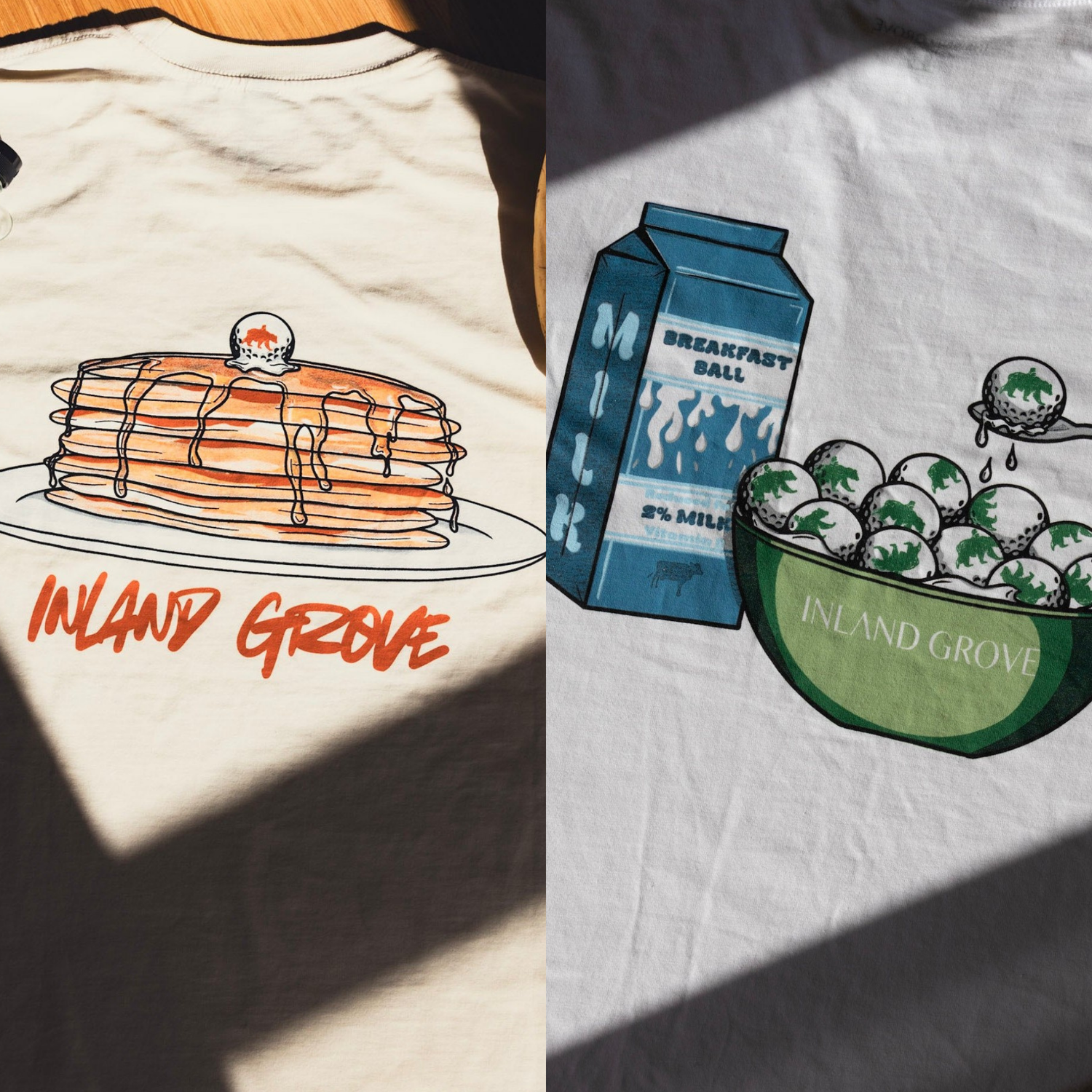 Two t-shirts with illustrations of pancakes, milk carton, and eggs with 'Inland Grove' branding.