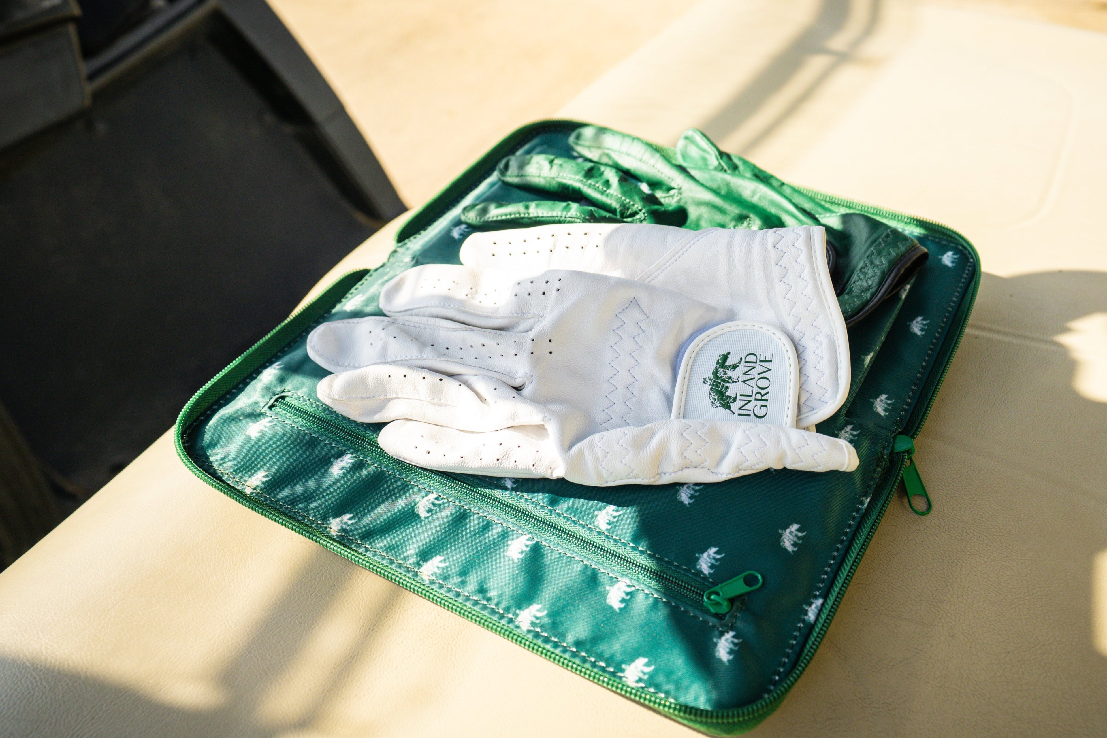 Pair of white gloves on a green case inside a vehicle.